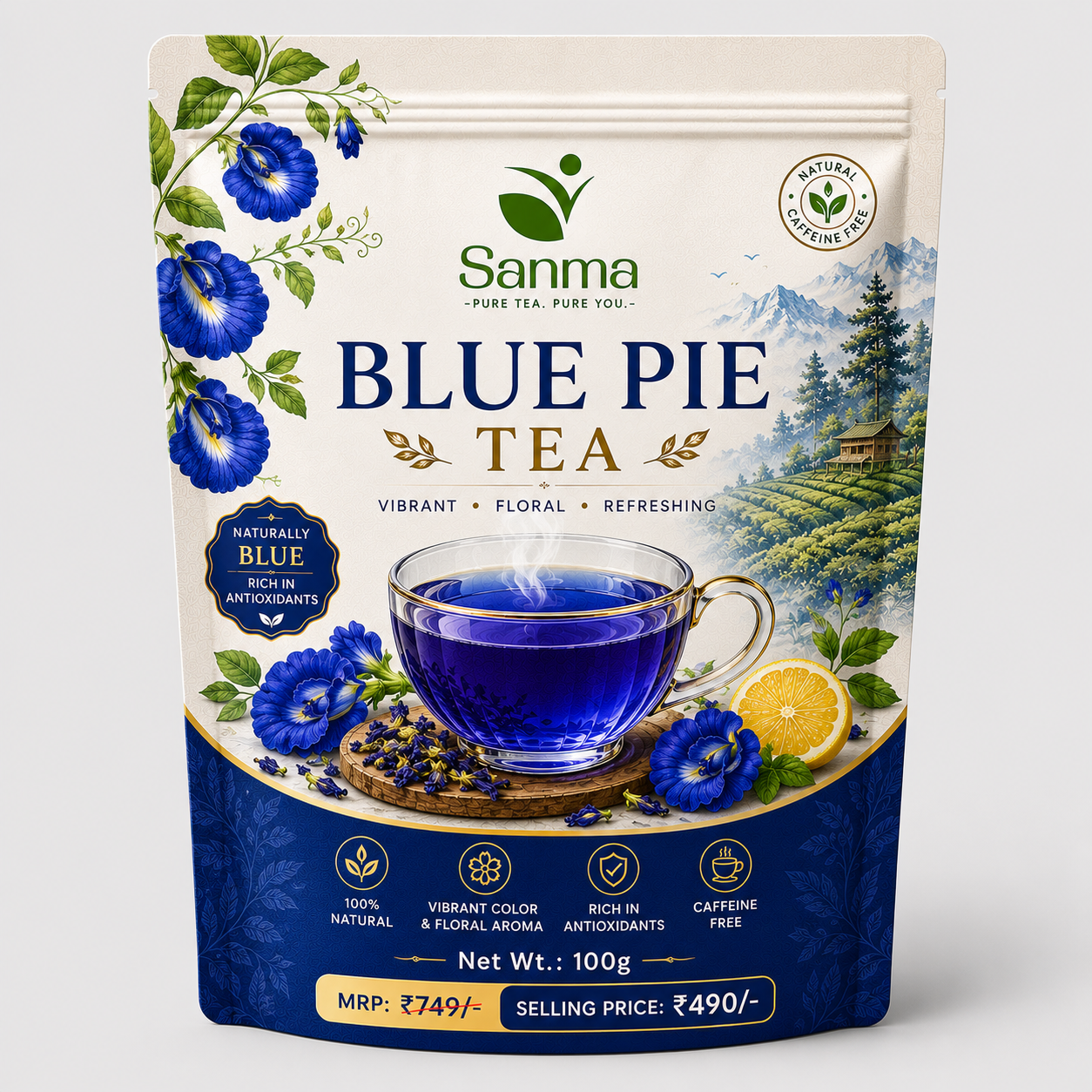 Blue pie tea Sanma Blue Pea Tea – Butterfly Pea Flower Herbal Infusion (100g) - Image 1
